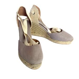 Soludos Marseille Wedge Ankle Tie Beige Neutral Linen Spain Size 8.5